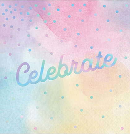 Celebrate the bride with these pretty pastel napkins. The luncheon sized napkins say Celebrate in a fun iridescent silver imprint accented with iridescent dots. Perfect for any themed bridal shower or bachelorette party. 