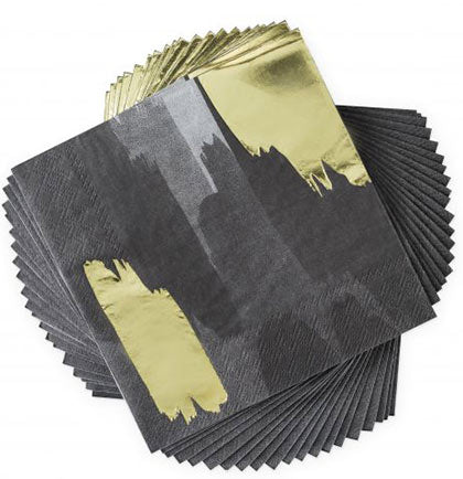 These glamorous Gold &amp; Black Brushstroke Napkin will be perfect for the bachelorette party. These black and shiny metallic gold napkins will add some drama to your party tables! The luncheon size napkins have a unique brushstroke pattern to wow the guests Make sure to pair them with other metallic gold or black decor for a bold look.