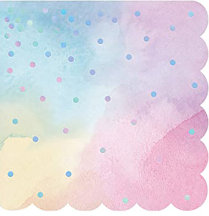 These pretty watercolor pastel scalloped edge napkins have iridescent silver dots throughout the paper napkin. These cocktail napkins will bring color to the party tables. Pair them with the accompanying luncheon napkin and other pastel tableware to complete the party look. 