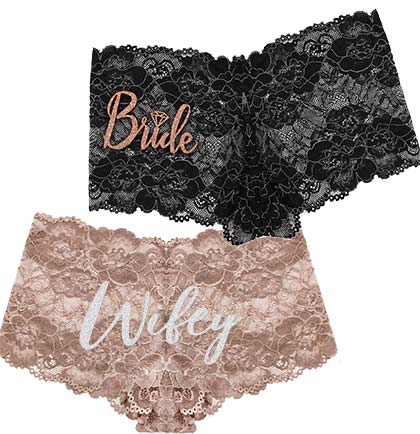 Bride with Diamond & Wifey Black & Taupe Lace Boyshort Panty - Set of 2