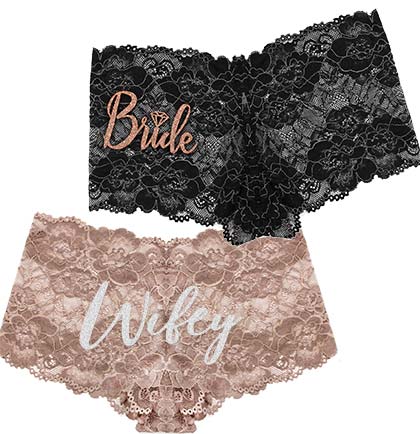 Bride with Diamond & Wifey Black & Taupe Lace Boyshort Panty Set 2pc