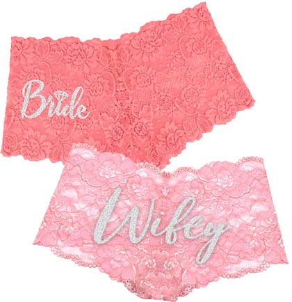 Bride with Diamond & Wifey Pink Lace Boyshort Panty Set 2pc