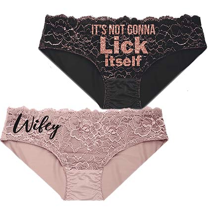 Wifey & Lick Itself Black & Taupe Panty Set, Bachelorette Panties