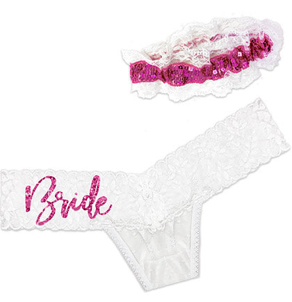Hot Pink Glam Bride White Stretch Lace Thong & Garter - 2pc Set