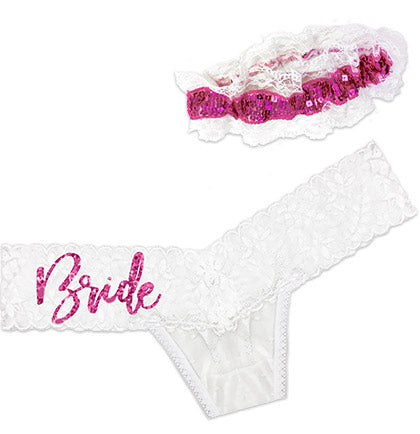 Hot Pink Glam Bride White Stretch Lace Thong & Garter Set 2pc