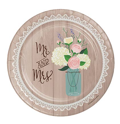 These paper plates are perfect for a rustic themed bachelorette party or bridal shower. The dessert plates have a natural wood print and say "Mr. and Mrs." in a pretty script font. The plate is accented with a flower bouquet in a mason jar with a lace pattern trim. Make sure to get the rest of the Rustic Wedding tableware collection to have a cohesive party look. 