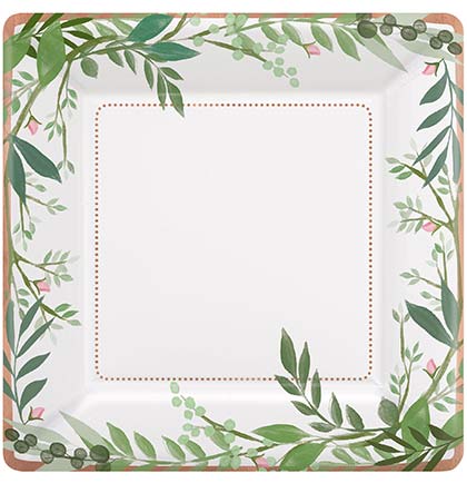 These 10&quot; square dinner have a floral pattern around the edge accented with a rose gold metallic trim. The perfect size for lunch or dinner. Accompany them with the other floral collection or rose gold tableware. 