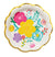 Bright floral scalloped dessert plates with gold metallic trim. 