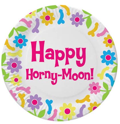 These 7&quot; risque paper plate is a little bit naughty, covered with multi colored peckers, and naughty sayings like The Final Blow, Heels Over Head and much more.  