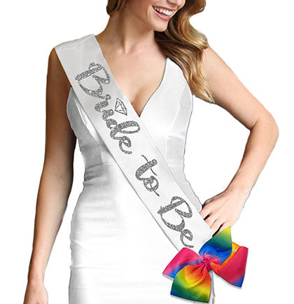 Bride to Be Diamond Silver Glitter White Sash &amp; Rainbow Clip