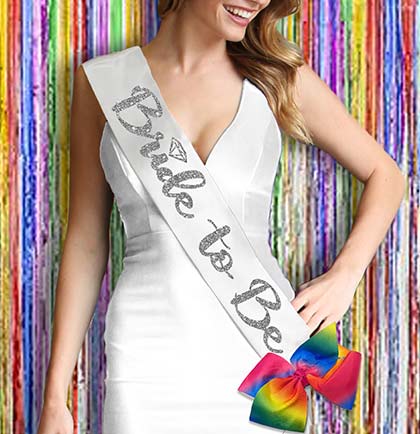 Bride to Be Diamond Silver Glitter White Sash & Rainbow Clip