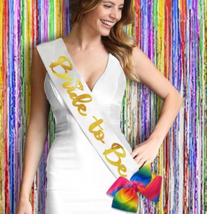 Bride to Be Diamond Gold Metallic White Sash & Rainbow Clip