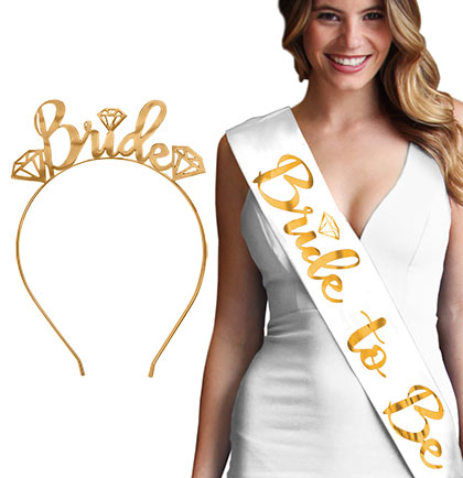 White & Gold Diamond Luxury Bride Gem Headband & Sash Set
