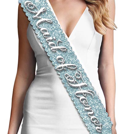 A sparkle sash for the Maid of Honor! This ice blue scalloped edge sash says "Maid of Honor" in white and silver gray. This sash is beautiful and unique and makes a great gift or accessory for a bridal shower or Maid of Honor proposal gift! Plus, this MOH sash matches the other ice blue Bridal Shower sashes: Bridesmaid, Brides Entourage and Bride to be, available for purchase separately!