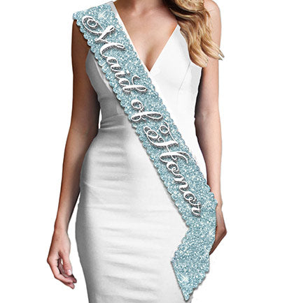 A sparkle sash for the Maid of Honor! This ice blue scalloped edge sash says "Maid of Honor" in white and silver gray. This sash is beautiful and unique and makes a great gift or accessory for a bridal shower or Maid of Honor proposal gift! Plus, this MOH sash matches the other ice blue Bridal Shower sashes: Bridesmaid, Brides Entourage and Bride to be, available for purchase separately!