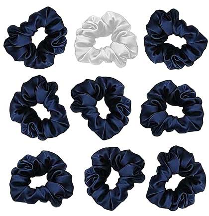 White &amp; Navy Satin Scrunchie - Set of 9