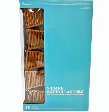 Box of brown square rattan lantern string lights. 