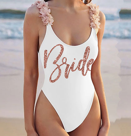 Rose Gold Bride White One Piece Bathing Suit with Blush Floral Straps