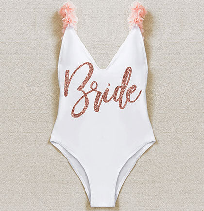 Rose Gold Bride White One Piece Bathing Suit with Blush Floral Straps