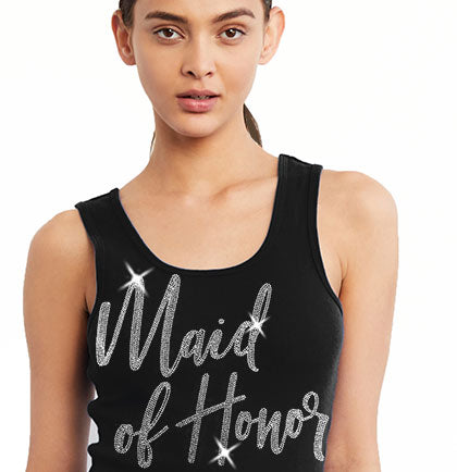 Your best girl will love this tank top! The bold cotton tank says Maid of Honor in real rhinestones! Perfect for her to wear at the bridal shower, bachelorette party or any wedding related events! 