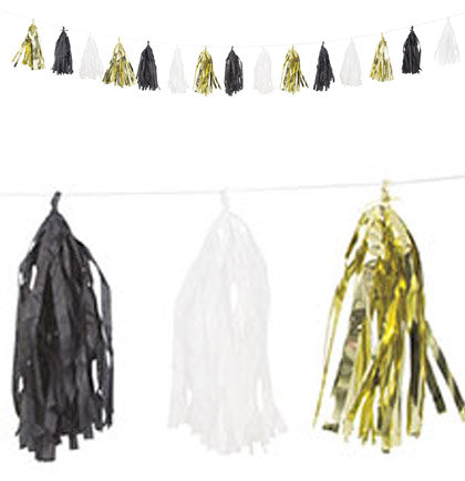 Black, Gold & White Tassel Garland 9ft