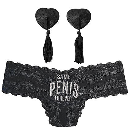 Silver Same Pen*s Forever Black Stretch Lace Thong &amp; Pasties Set