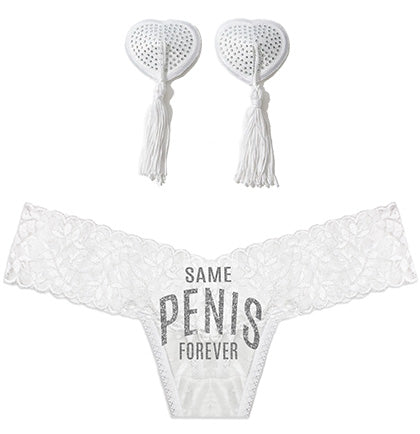 Silver Same Pen*s Forever White Stretch Lace Thong & Tassel Pasties Set