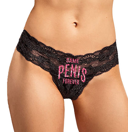 Hot Pink Same Pen*s Forever Black Lace Stretch Thong