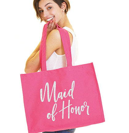 Maid of Honor White Glam Large Canvas Tote with White Bow