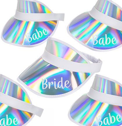 Silver iridescent and white visors with Bride and Babe imprints. 